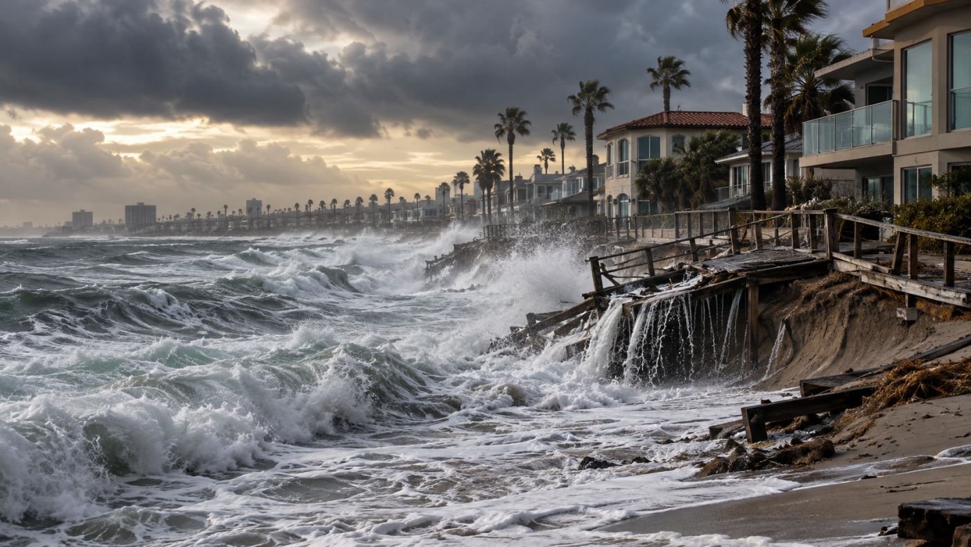 Ondas de grande intensidade atingiram a Península de Long Beach, na Califórnia, danificando residências, comprometendo
