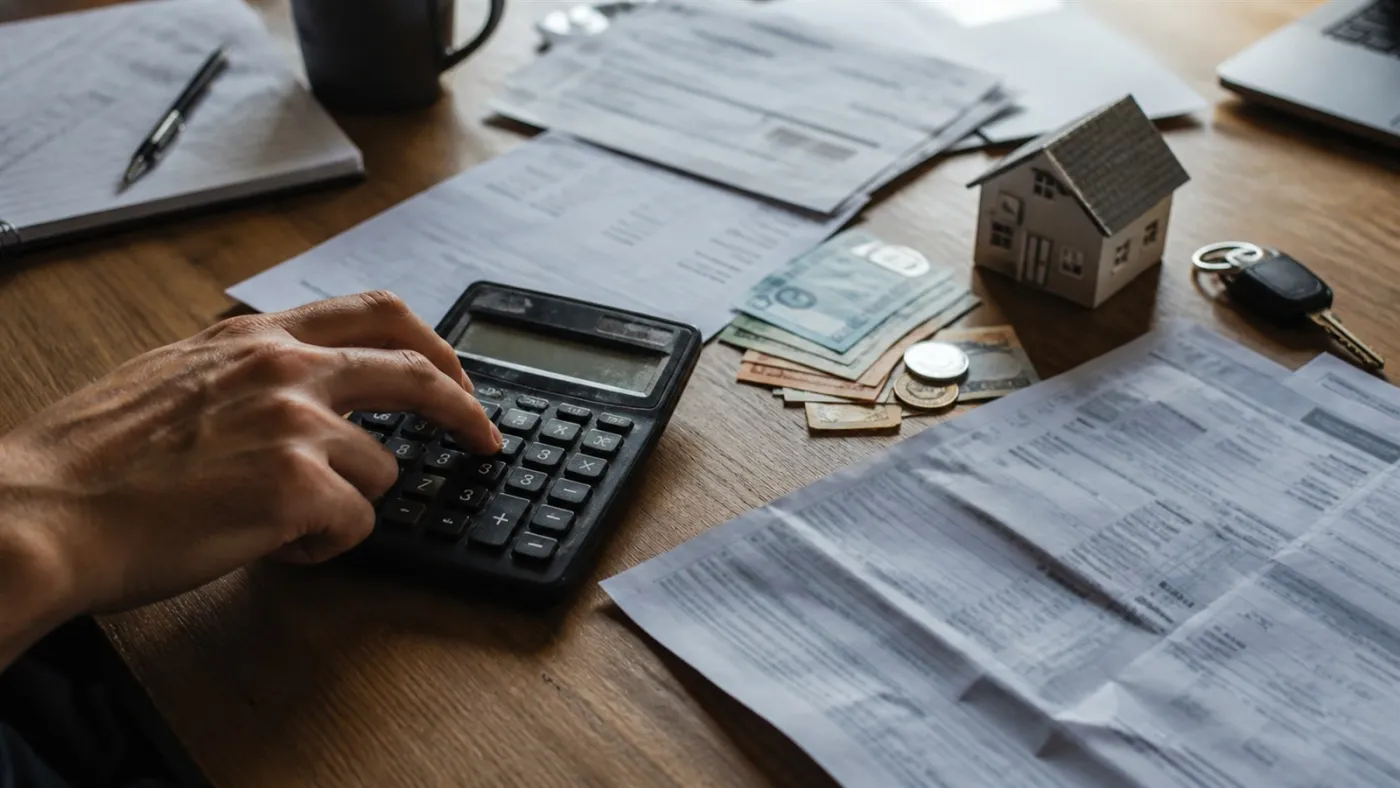 Mão usa calculadora entre documentos, dinheiro, casa e chave de carro. Imagem ilustrativa gerada por IA para o ClickFato.