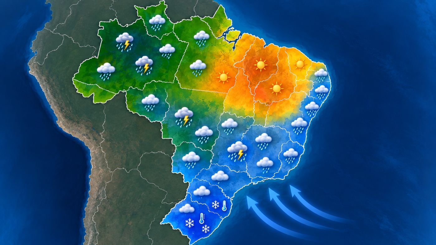 Massa de ar frio mantém temperaturas baixas no Sul e no Sudeste nesta quinta-feira (17), enquanto áreas de instabilidade