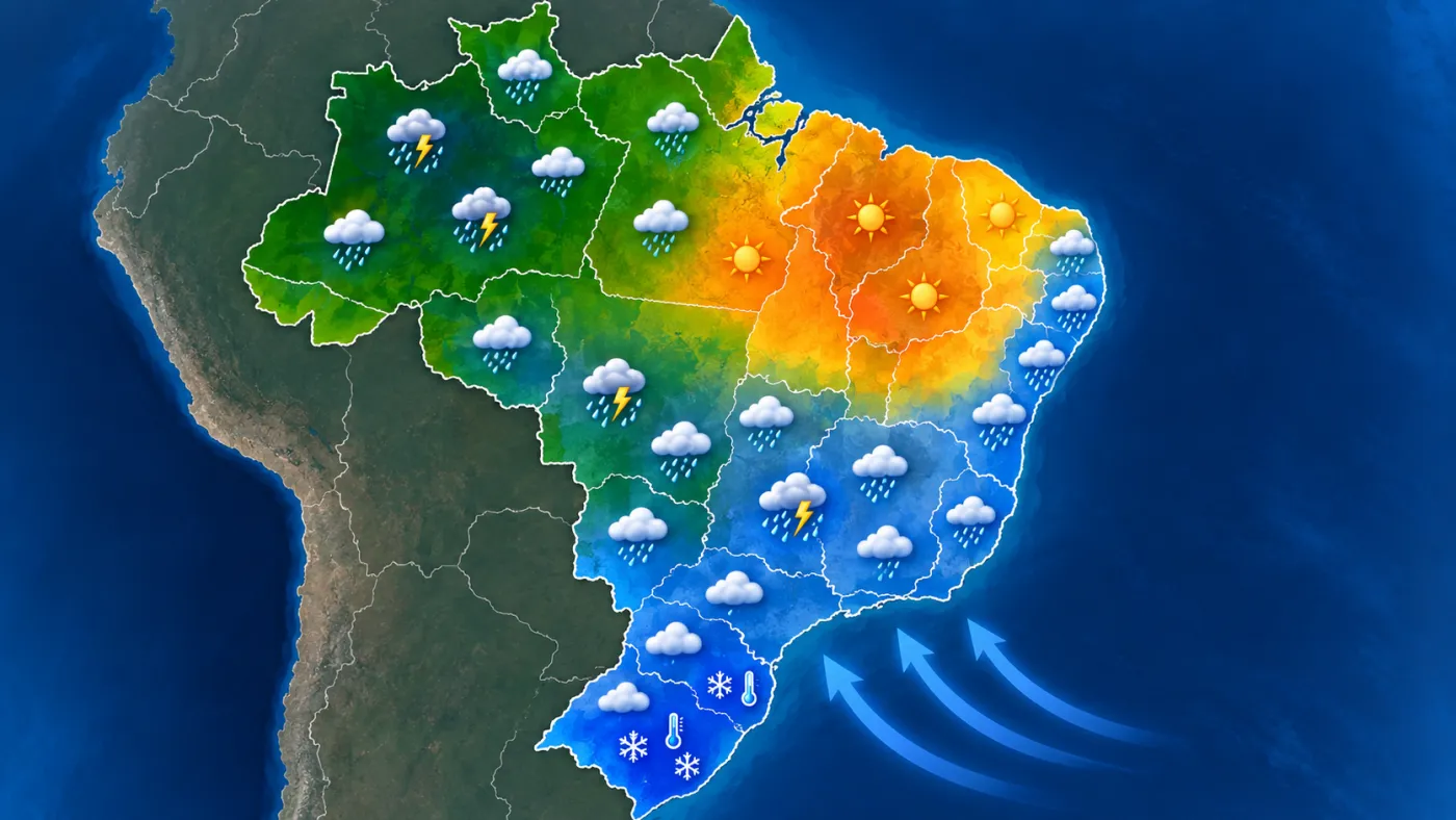 Massa de ar frio mantém temperaturas baixas no Sul e no Sudeste nesta quinta-feira (17), enquanto áreas de instabilidade provocam chuva em diferentes regiões do país.