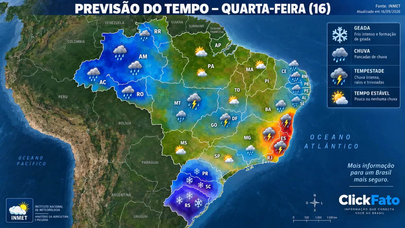 Mapa destaca as principais condições previstas para esta quarta-feira (16), com áreas de geada no Sul e instabilidades entre o Norte, Centro-Oeste e Sudeste do Brasil. Fonte: INMET.