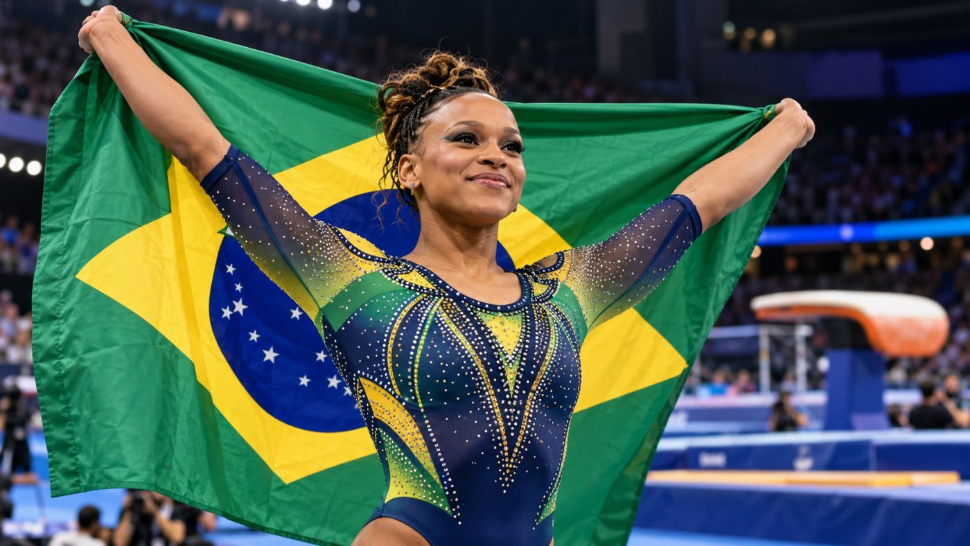 Rebeca Andrade conquistou neste sábado (24) o terceiro título mundial do salto em Roterdã, na Holanda, e alcançou sua