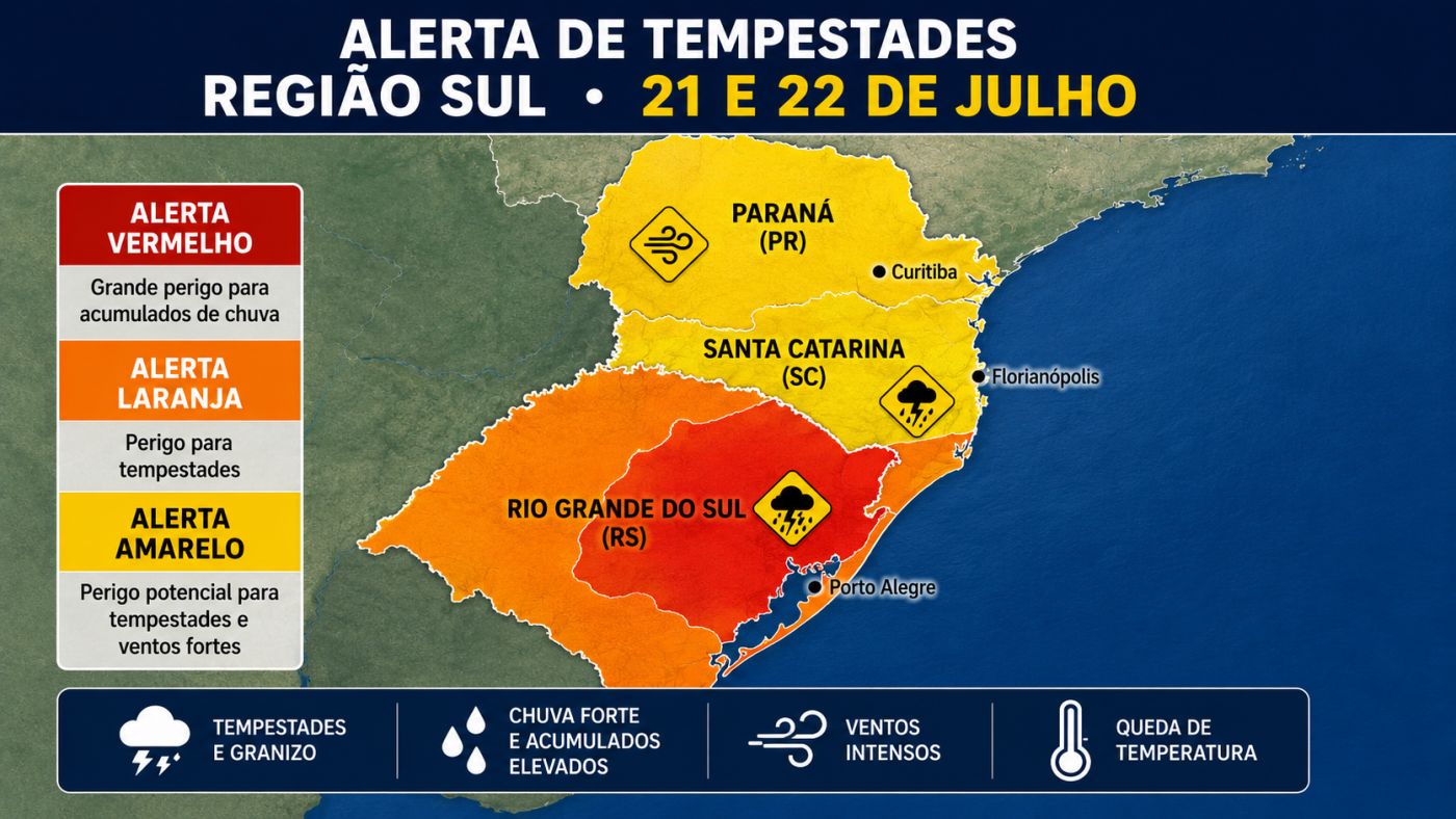 Mapa mostra áreas sob alerta para tempestades, chuva intensa e ventos fortes na Região Sul.