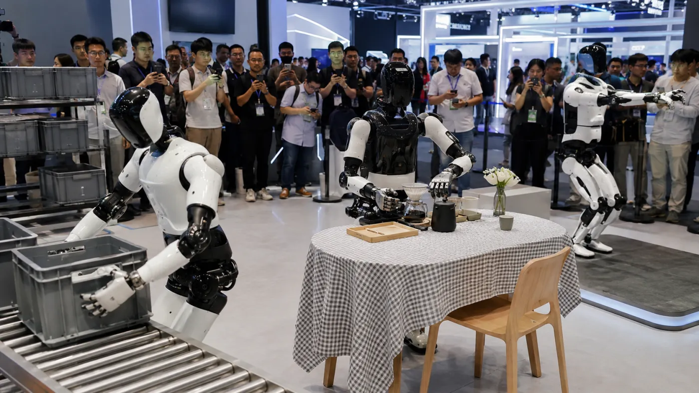Robôs humanoides demonstram atividades industriais e domésticas durante conferência de tecnologia em Pequim.