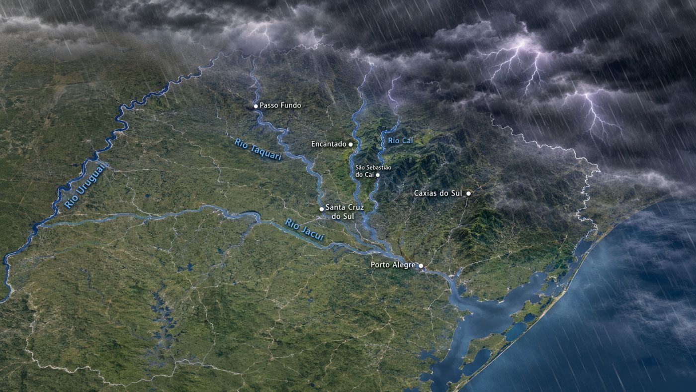 Rio Grande do Sul enfrenta novo período de tempestades, com previsão de chuva volumosa, granizo, ventos fortes e risco de