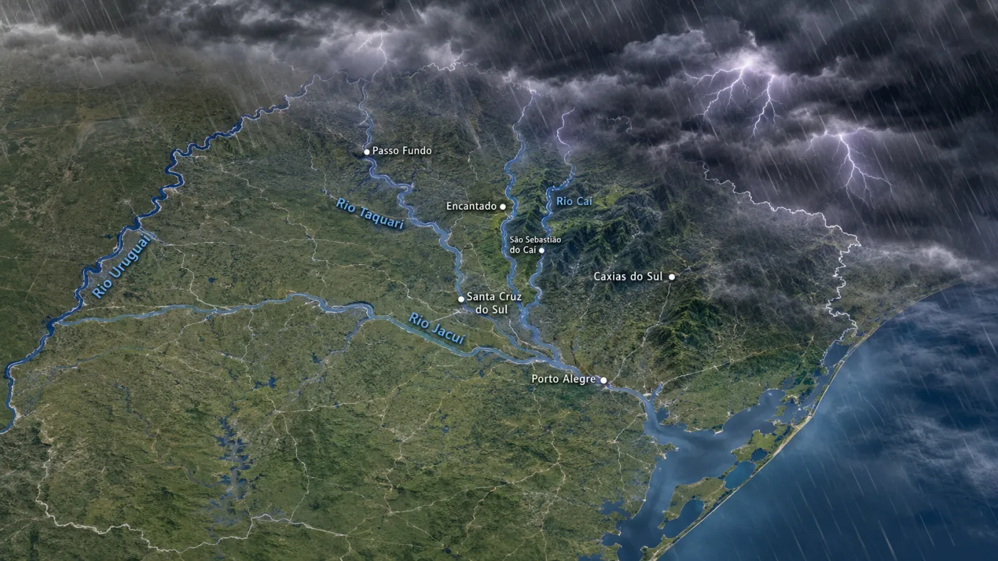 Rio Grande do Sul enfrenta novo período de tempestades, com previsão de chuva volumosa, granizo, ventos fortes e risco de inundação até segunda-feira (31).