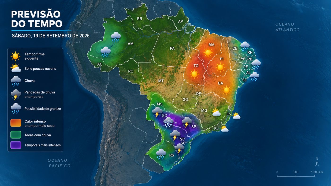 INMET prevê sábado (19) de forte instabilidade no Sul, com tempestades no Paraná, Santa Catarina e Rio Grande do Sul e