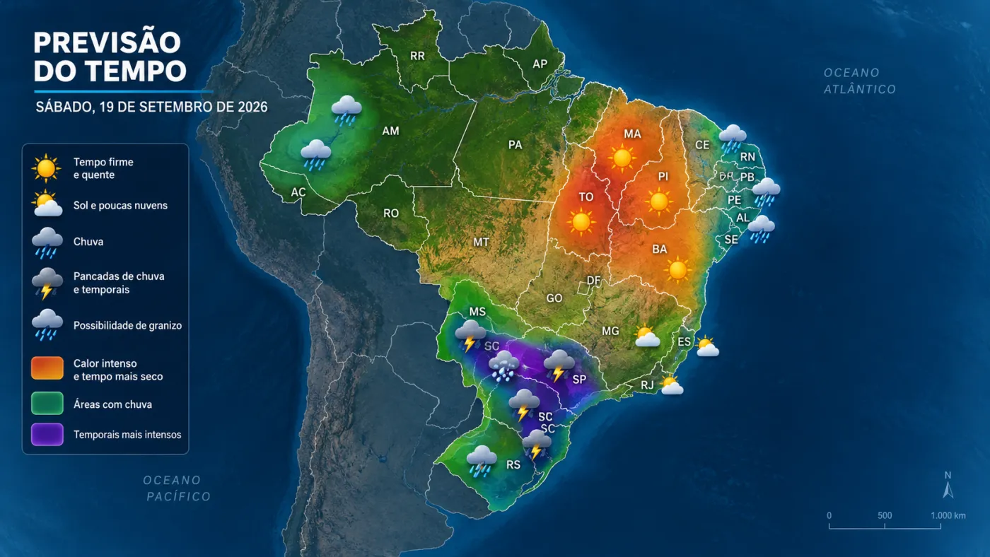 INMET prevê sábado (19) de forte instabilidade no Sul, com tempestades no Paraná, Santa Catarina e Rio Grande do Sul e possibilidade de granizo entre Paraná e Mato Grosso do Sul.