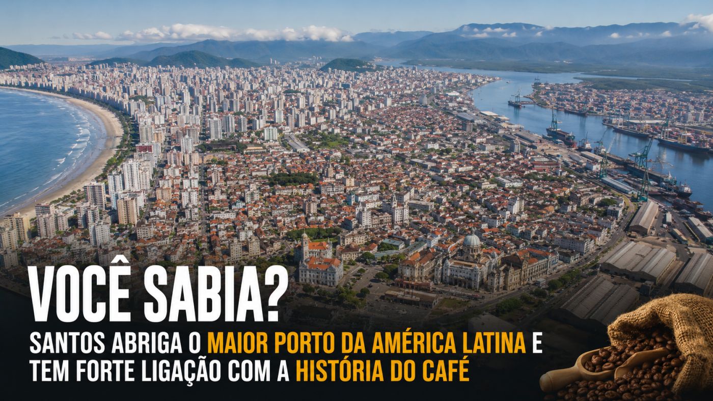 Vista aérea de Santos, no litoral de São Paulo, com a área urbana e o complexo portuário. Foto: Prefeitura de