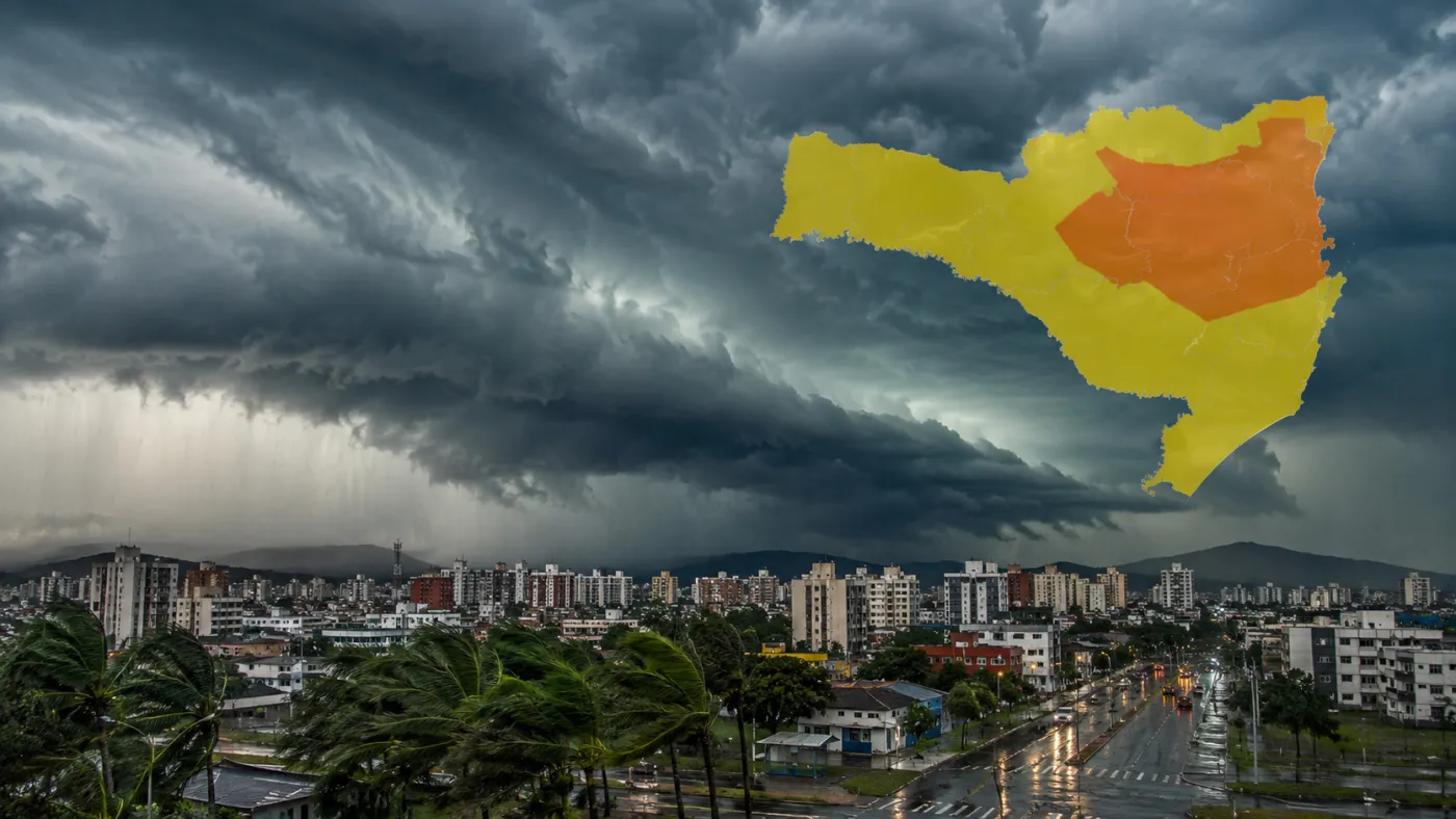 Temporais podem provocar chuva forte, rajadas de vento e alagamentos em Santa Catarina.