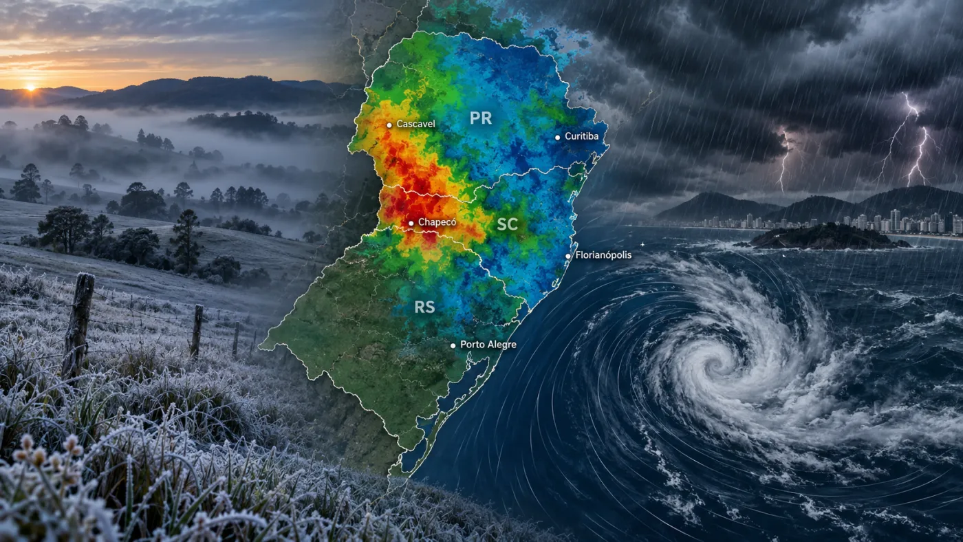 Semana começa com frio e risco de geada, mas novas instabilidades devem trazer temporais e chuva volumosa ao Sul do Brasil a partir de quarta-feira (9).