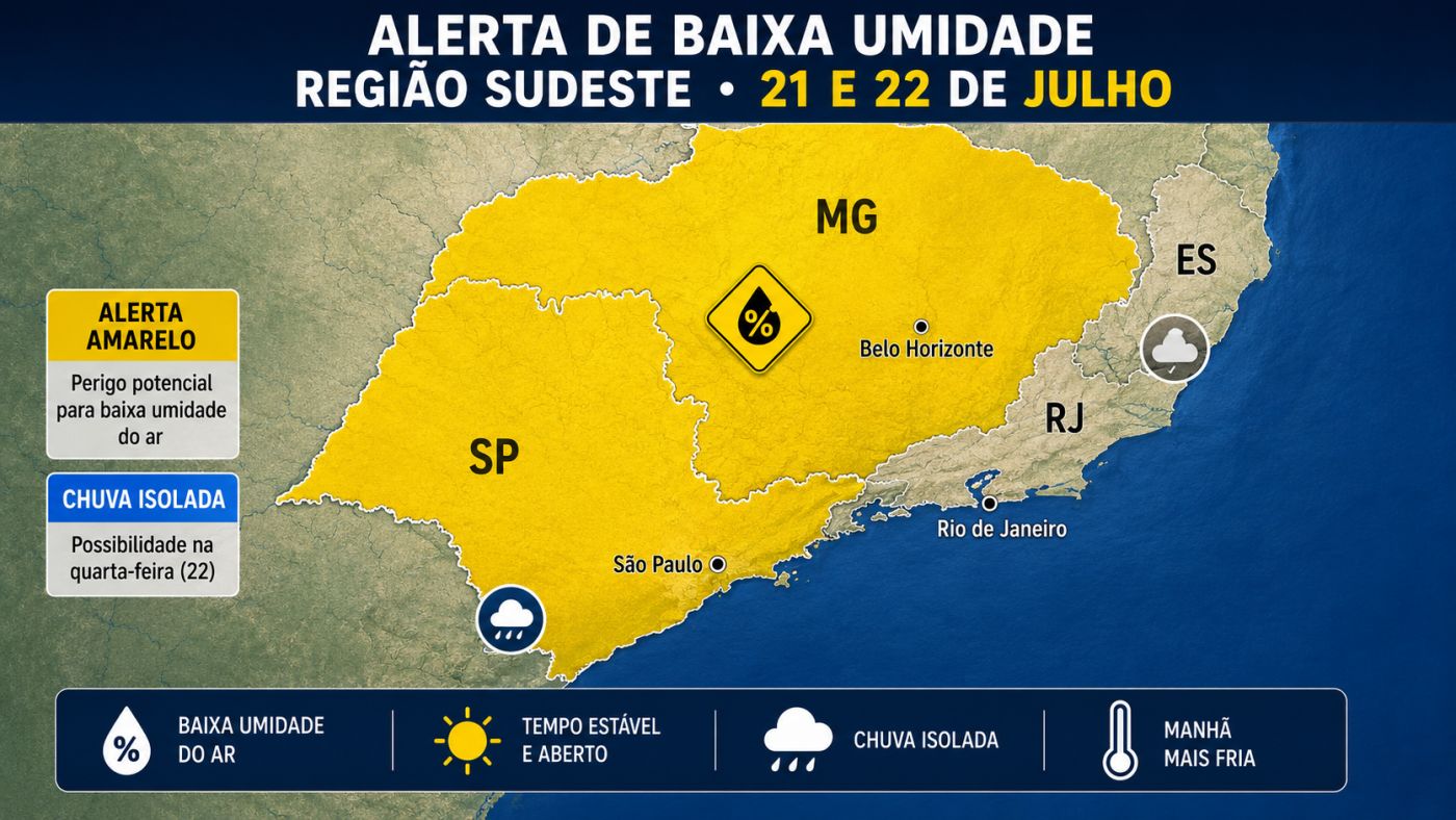 Mapa destaca áreas do Sudeste sob alerta de baixa umidade nesta terça-feira (21).