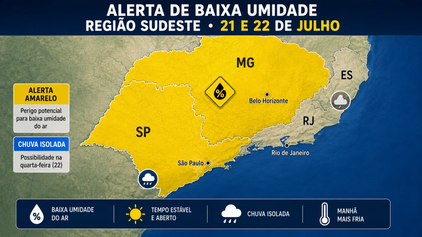 Mapa destaca áreas do Sudeste sob alerta de baixa umidade nesta terça-feira (21).