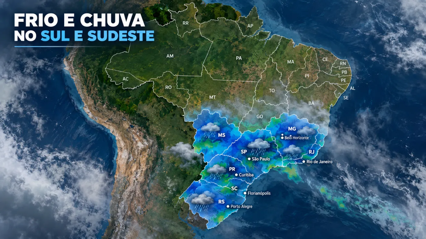 Sul e Sudeste devem ter uma semana marcada por chuva mais frequente, muita nebulosidade e temperaturas mais baixas em vários estados. Imagem ilustrativa.