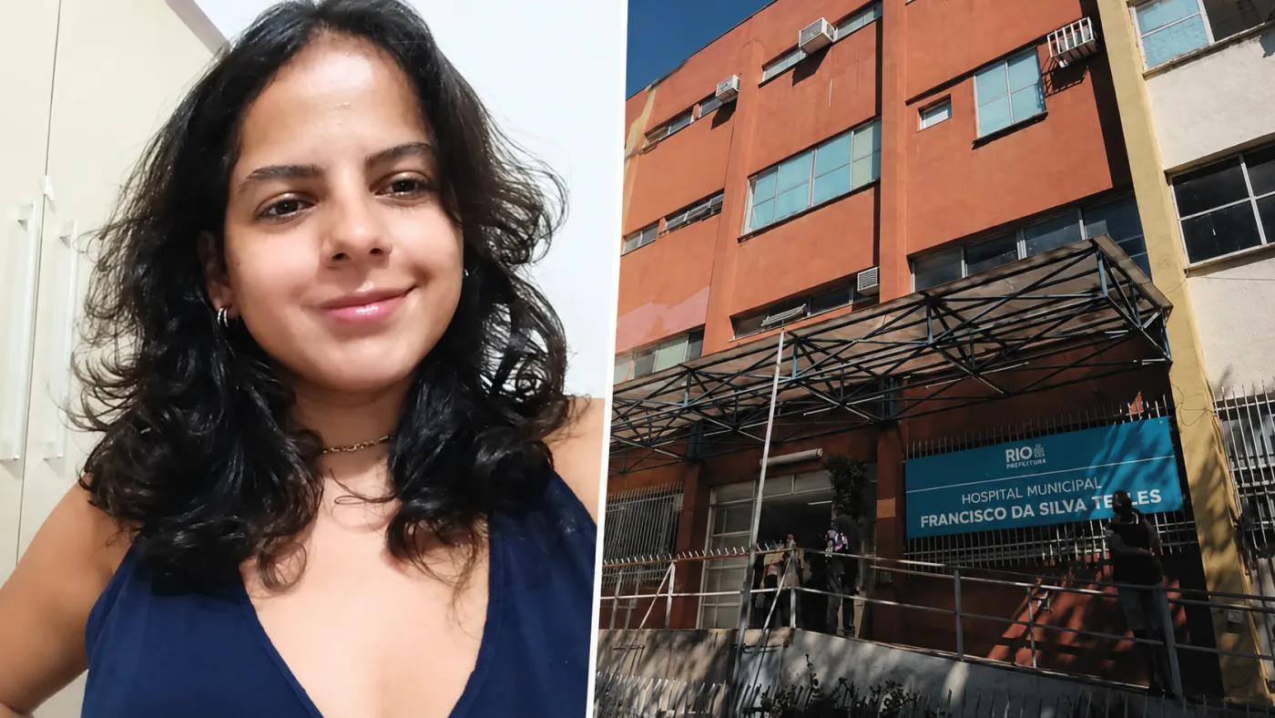 Giulia Silva de Araújo, de 26 anos, e o Hospital Municipal Francisco da Silva Telles, no Rio de Janeiro, onde ela buscou atendimento antes de morrer. Foto de Giulia: Arquivo Pessoal. Foto do hospital: Marco Antonio Rezende/Prefeitura do Rio. Montagem: Cli
