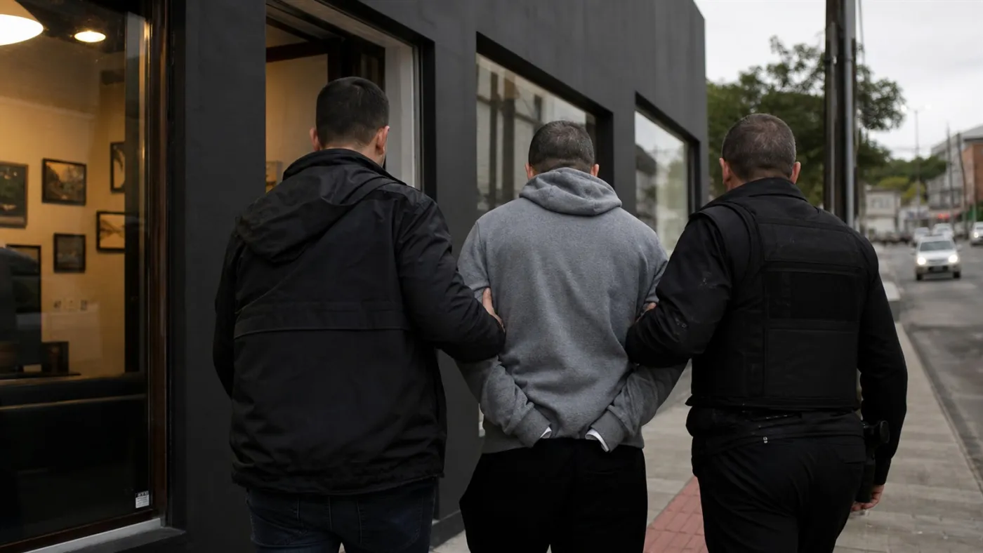 Homem não identificado é conduzido por policiais para fora de um estúdio de tatuagem. Imagem ilustrativa gerada por IA para o ClickFato.