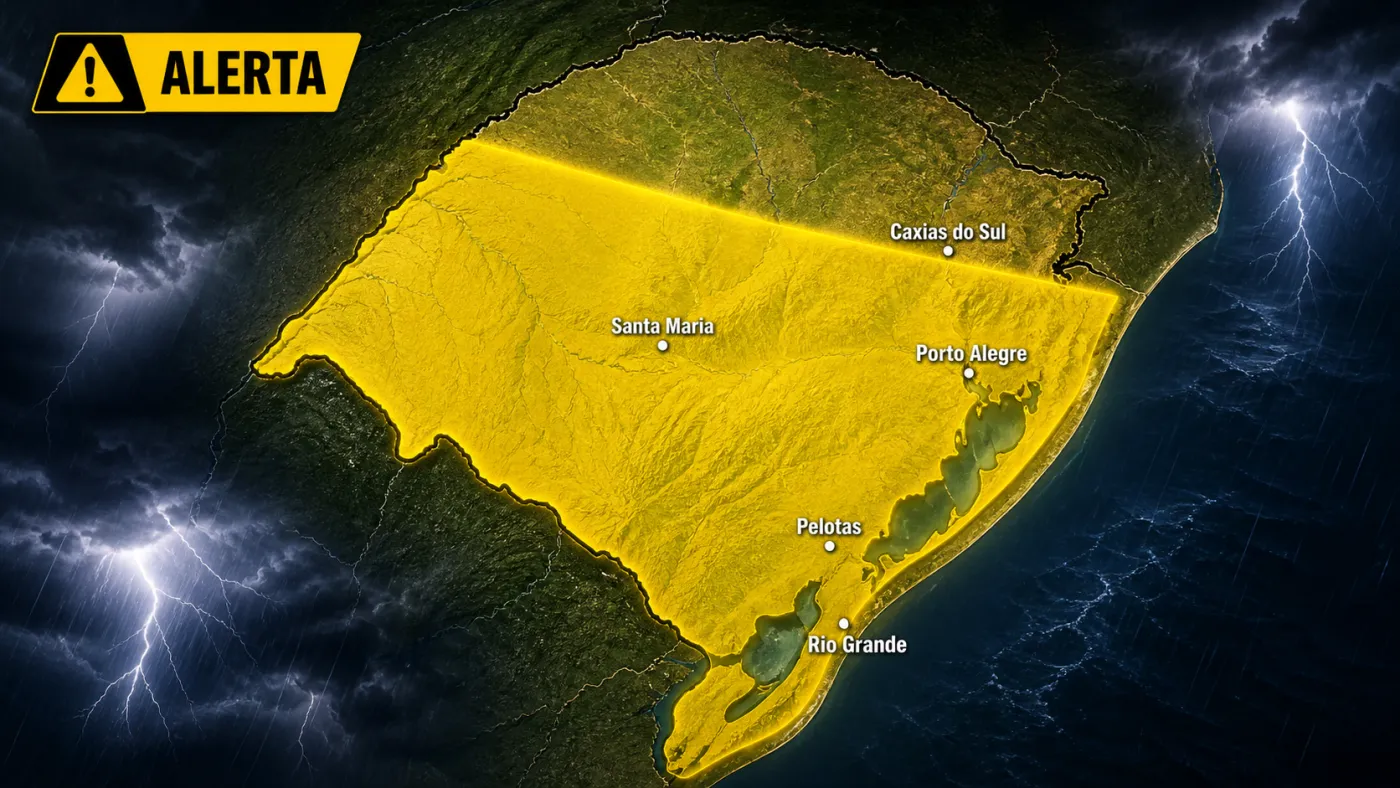 Mapa ilustra as áreas do Rio Grande do Sul sob alerta de tempestade do INMET neste domingo (16).
