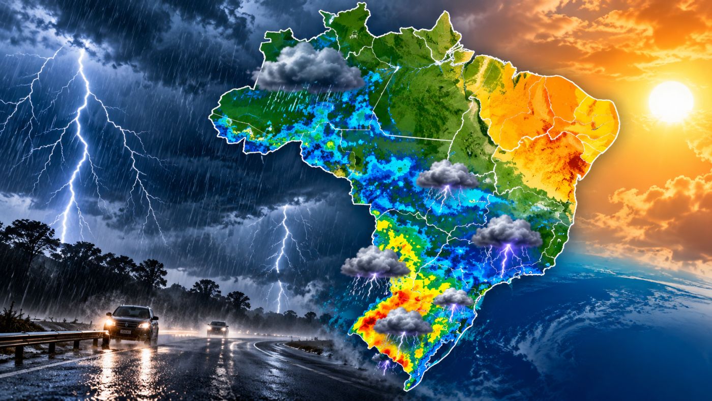 Tempestades ganham força no Sul nesta quinta-feira (22), enquanto áreas de chuva avançam pelo Sudeste e Centro-Oeste e o