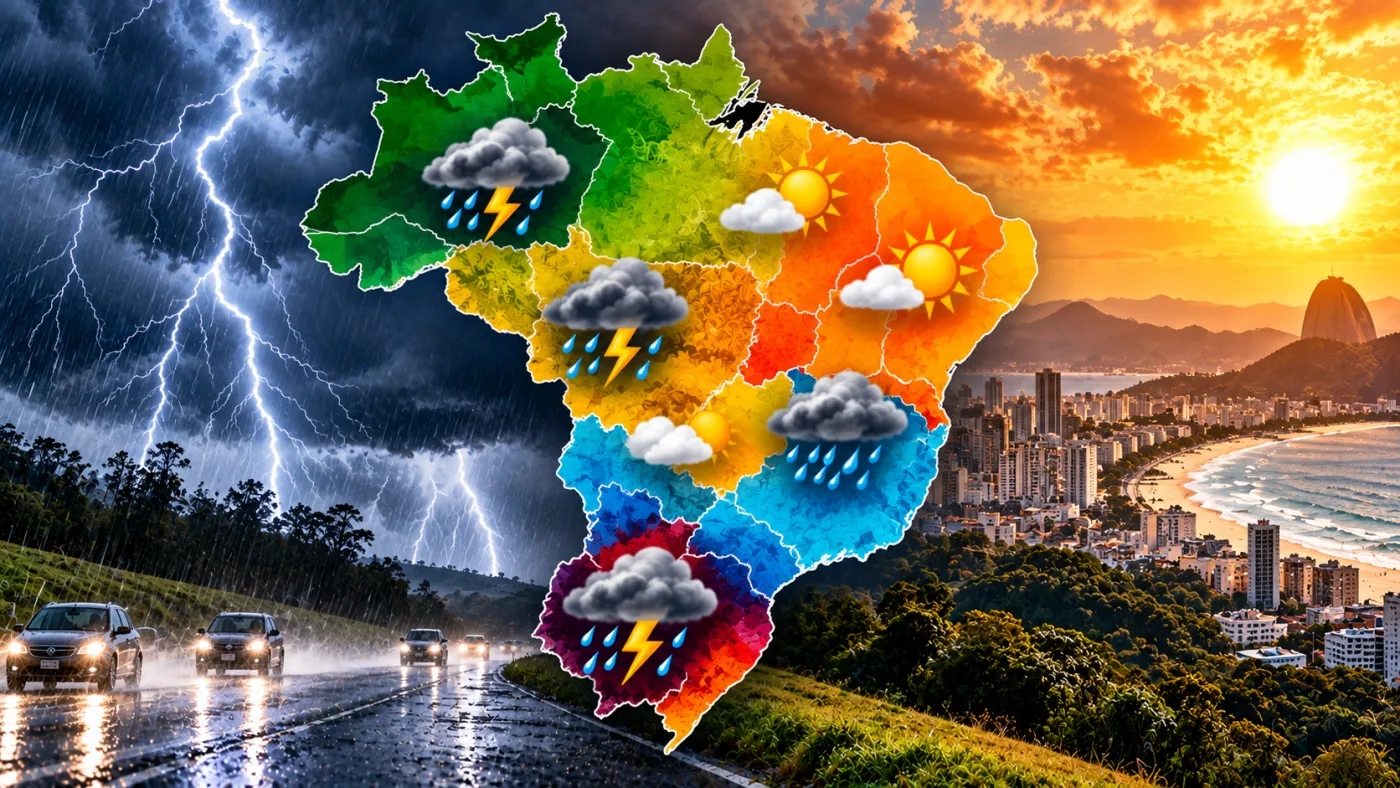 Tempestades voltam a atingir o Sul neste sábado (3), enquanto áreas de chuva se espalham por outras regiões do Brasil. Imagem: Ilustração/ClickFato.