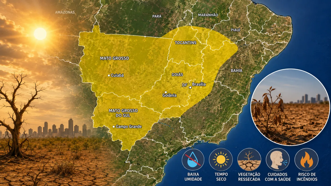 Tempo seco continua predominando em parte do Centro-Oeste, com previsão de umidade próxima de 15% em algumas áreas nesta quarta-feira (26). Foto: Reprodução/INMET.
