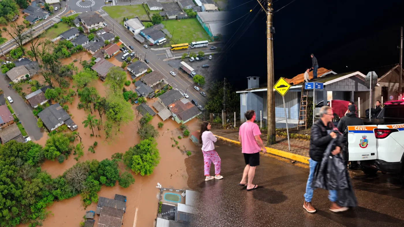 Estragos provocados pelos temporais registrados na sexta-feira (11) no Sul do Brasil. À esquerda, alagamentos em Santa Catarina; à direita, atendimento da Defesa Civil após danos causados pelo granizo em Seberi (RS). Fotos: Secom SC/Coordenadoria Regional