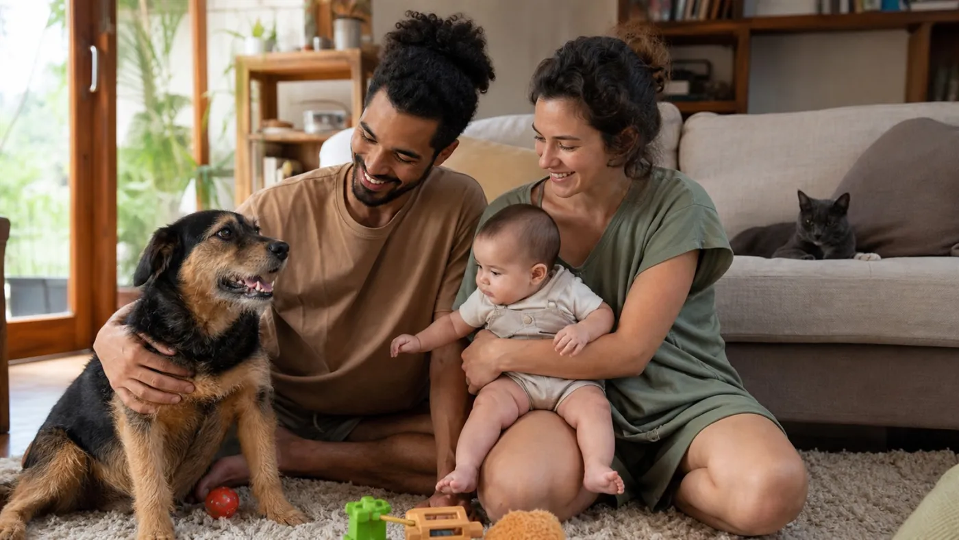 Família reunida com bebê, cachorro e gato em uma sala iluminada. Imagem ilustrativa gerada por IA para o ClickFato.