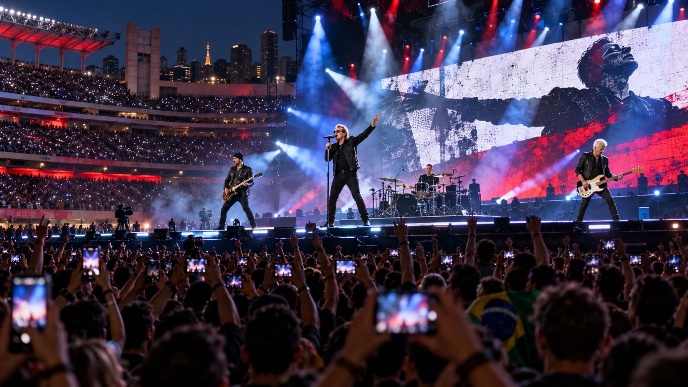 U2 volta ao Brasil em março de 2027 para dois shows no MorumBIS, em São Paulo. A imagem ilustra o clima de uma grande