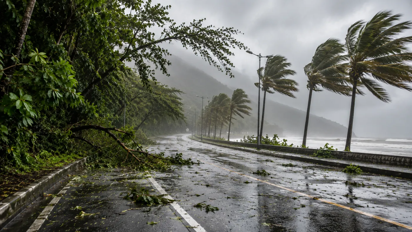ventania em São Paulo, litoral de SP, Santos, Itanhaém, rajadas de vento, frente fria, Defesa Civil, alerta climático, queda de árvores.