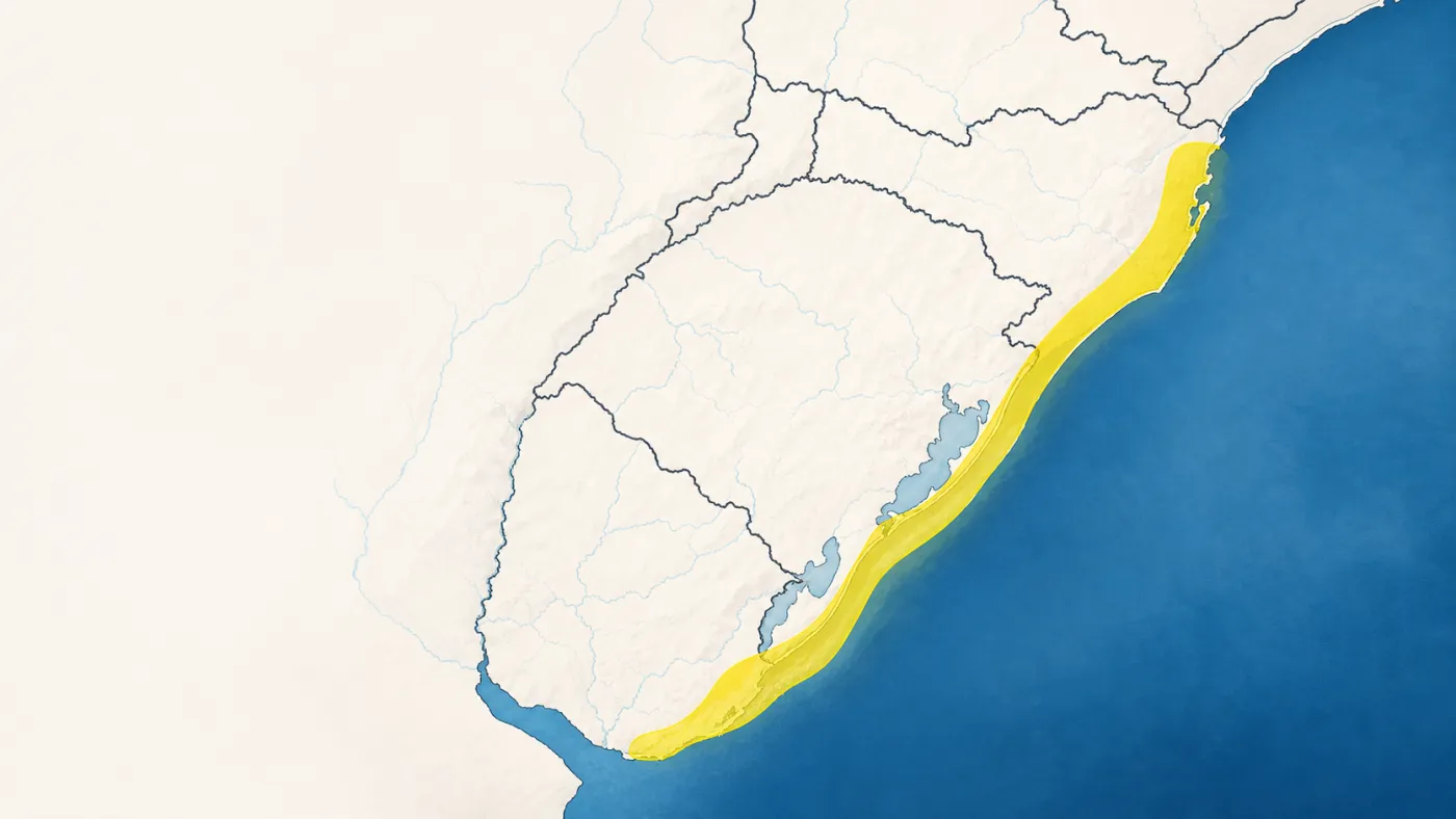 Mapa ilustrativo mostra a faixa litorânea sob alerta de ventos costeiros do INMET.