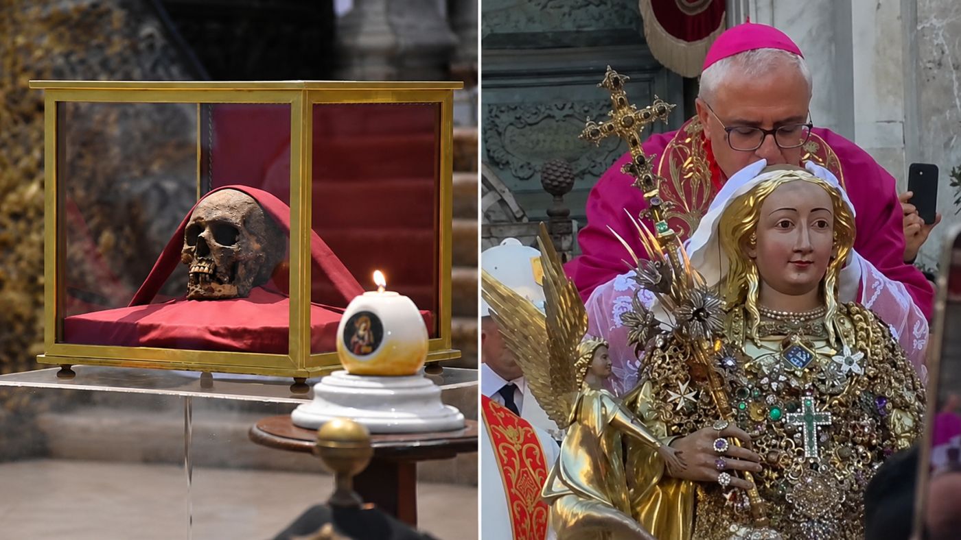 O crânio da Santa Águeda em exibição na Itália, em julho de 2026 — Foto: Arquidiocese de Catânia/Reprodução