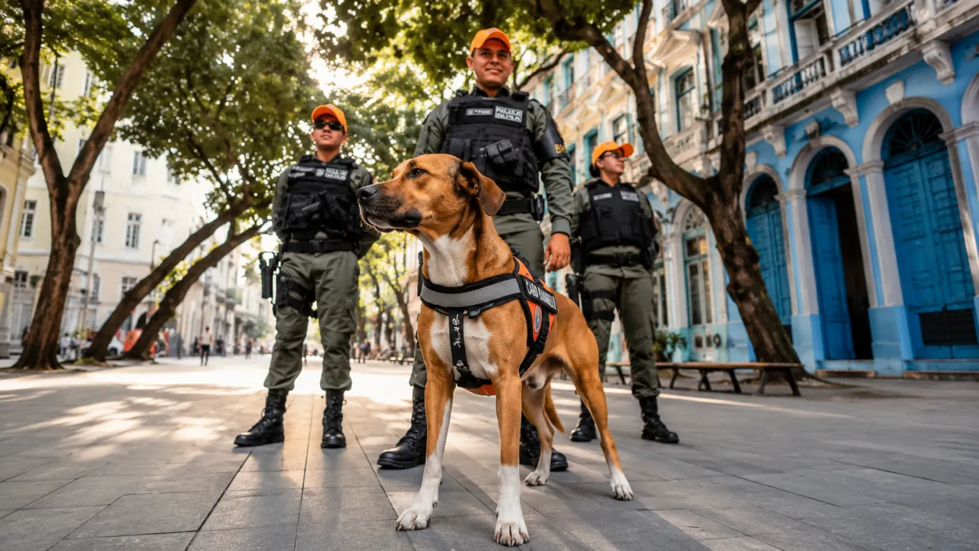 Imagem ilustrativa de “Cabo Caramelo”, vira-lata que conquistou policiais do Batalhão de Policiamento Turístico e passou a acompanhar a rotina da PM no Recife. Imagem gerada por IA com base em registros públicos do animal.