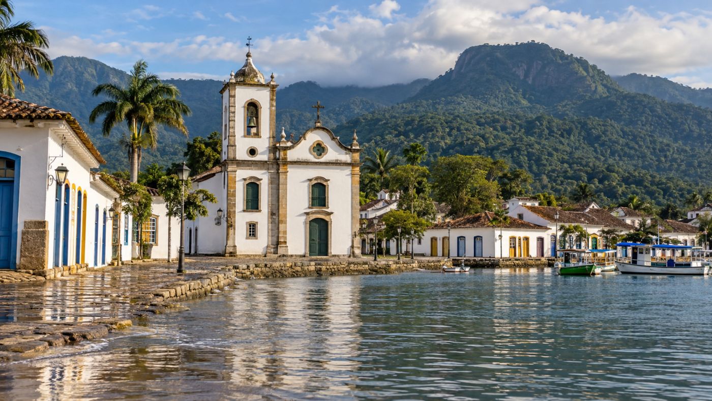 Paraty, no litoral do Rio de Janeiro, combina um dos mais conhecidos centros históricos do Brasil com a Mata Atlântica e a