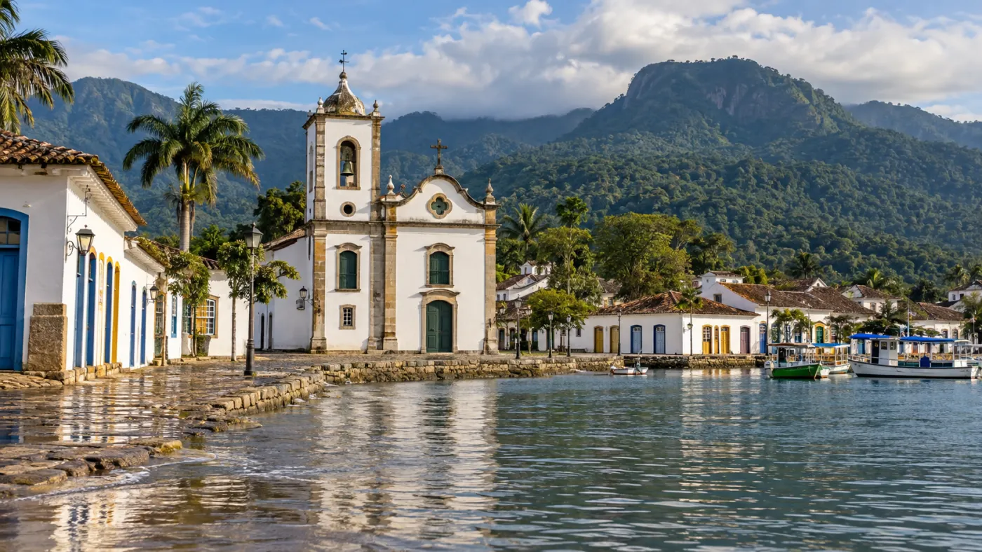 Paraty, no litoral do Rio de Janeiro, combina um dos mais conhecidos centros históricos do Brasil com a Mata Atlântica e a paisagem da Baía de Paraty.