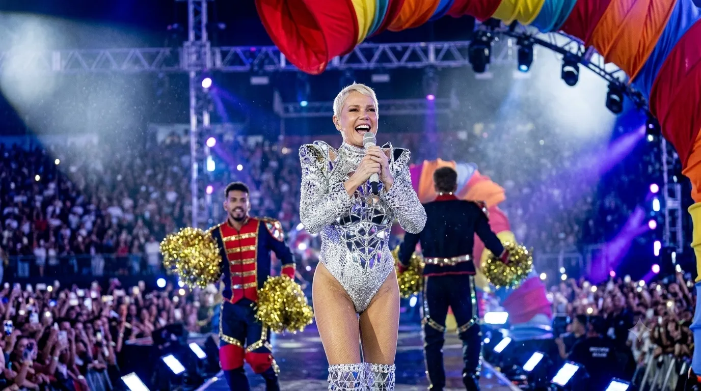 Xuxa durante apresentação da turnê que gerou repercussão nas redes sociais pelo figurino.
